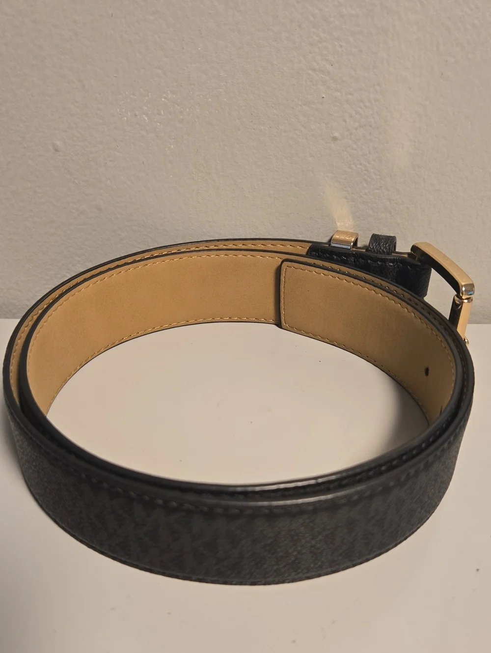 Michael Kors Black Logo Leather Belt with Gold Buckle